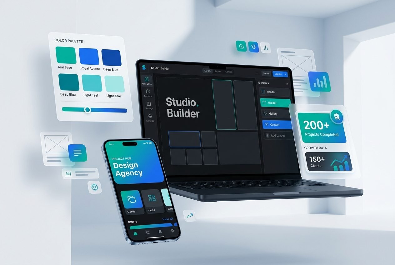 Premium digital interfaces — website, mobile app and dashboard UI compositions with teal accents