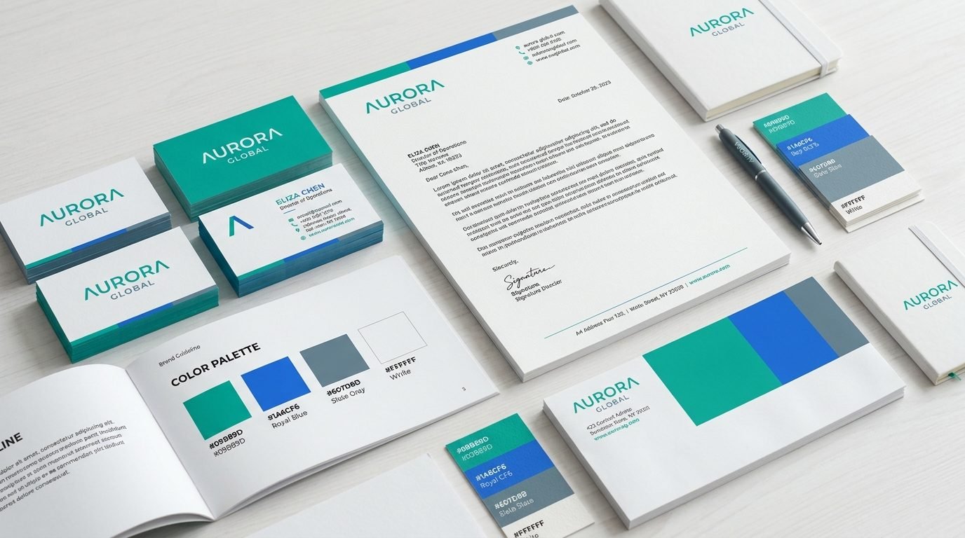 Premium brand identity board with logo, typography and teal color palette
