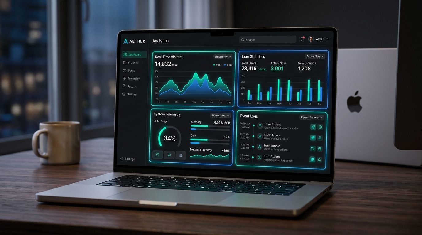 Premium web application dashboard with analytics showing teal indicators