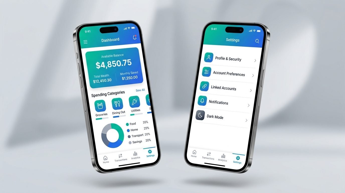 Premium mobile app UI mockup showing login and dashboard screens with teal accents